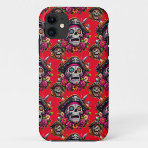 Sugar Skull Art - Jolly Pirate Skull (Red) iPhone 11 Case