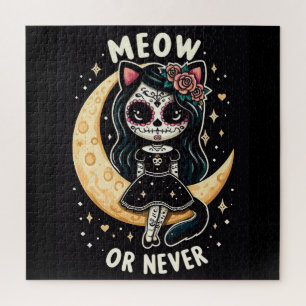 Sugar Skull Art - Lunar Cat Girl - Meow or Never Jigsaw Puzzle