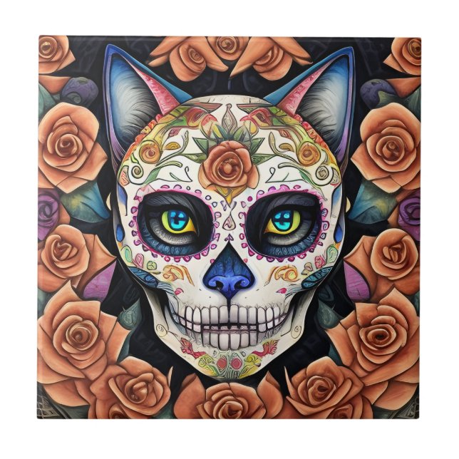 Sugar Skull Art Meets the Magical Sugar Skull Cat Tile (Front)