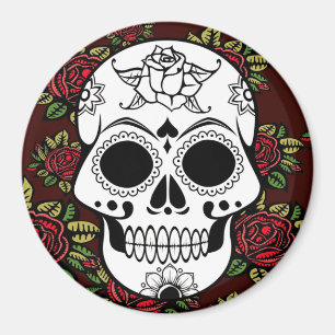 Sugar skull art retro red roses fridge magnet