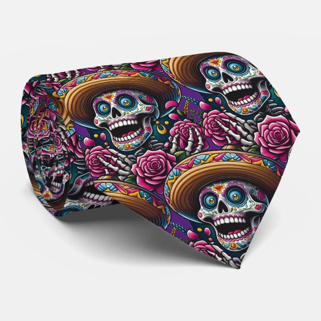 Sugar Skull Art - Skeleton Sombrero Roses Calavera Tie (Rolled)