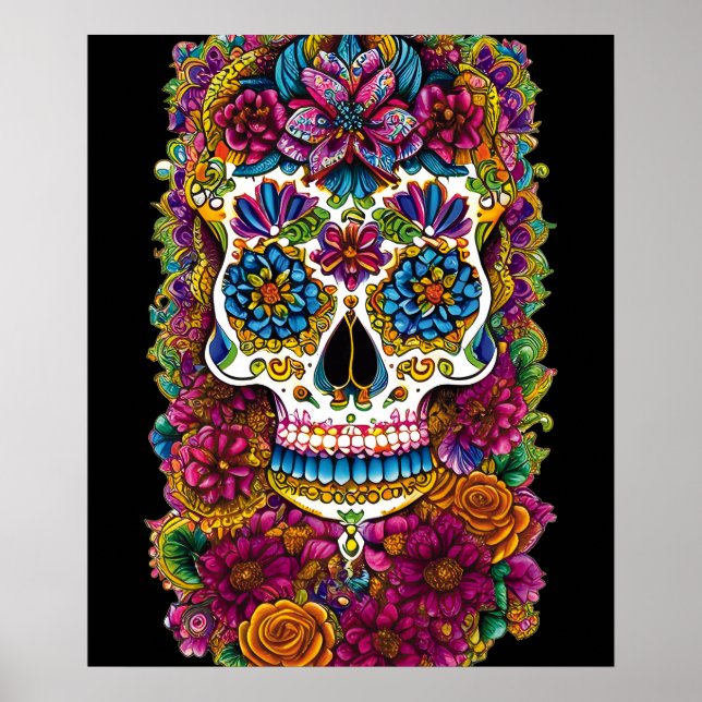 Sugar Skull Art - Skull on Bed of Flowers Poster (Front)