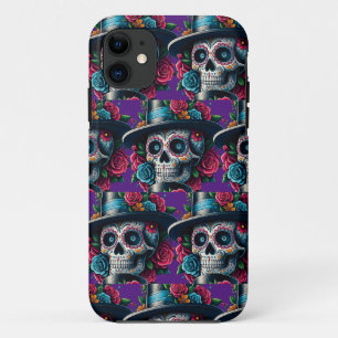 Sugar Skull Art - Top Hat and Pink Roses iPhone 11 Case