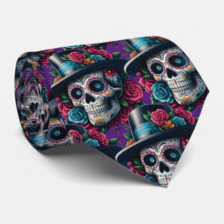 Sugar Skull Art - Top Hat and Pink Roses Tie