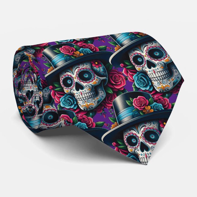 Sugar Skull Art - Top Hat and Pink Roses Tie (Rolled)
