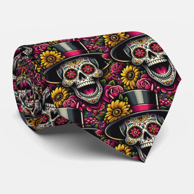 Sugar Skull Art - Top hat and Sunflower Calavera Tie (Rolled)