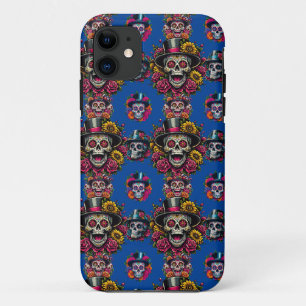 Sugar Skull Art -Top Hat Floral Fiesta (Blue) iPhone 11 Case