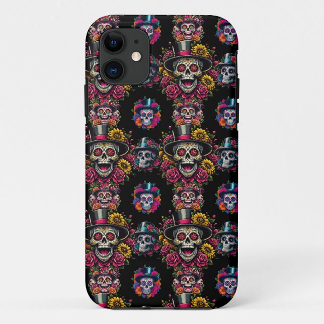Sugar Skull Art -Top Hat Floral Fiesta Case-Mate iPhone Case (Back)