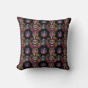 Sugar Skull Art -Top Hat Floral Fiesta Cushion