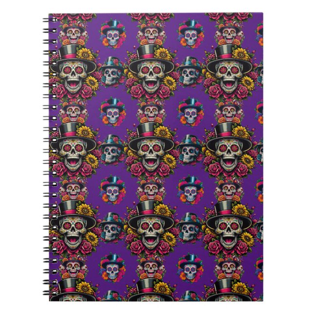 Sugar Skull Art -Top Hat Floral Fiesta (Purple) Notebook (Front)