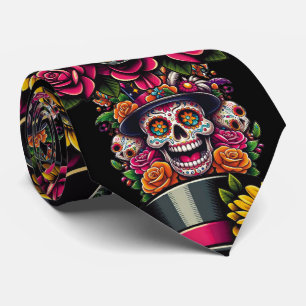 Sugar Skull Art -Top Hat Floral Fiesta Tie