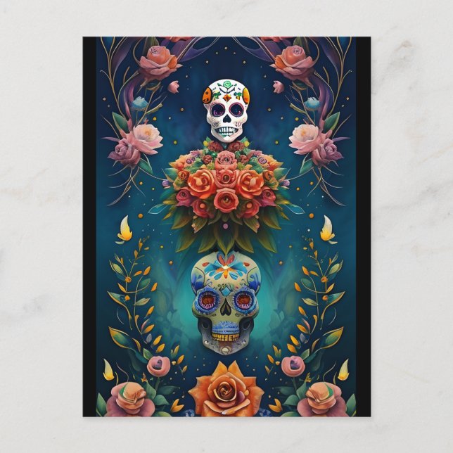 Sugar Skull Art - Traditional Dia de los Muertos Postcard (Front)