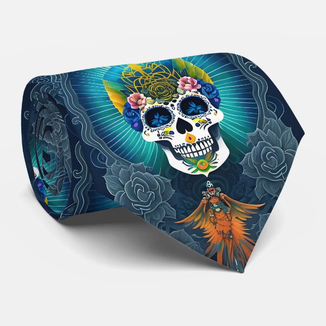 Sugar Skull Art - Vibrant Day of the Dead Tie (Rolled)