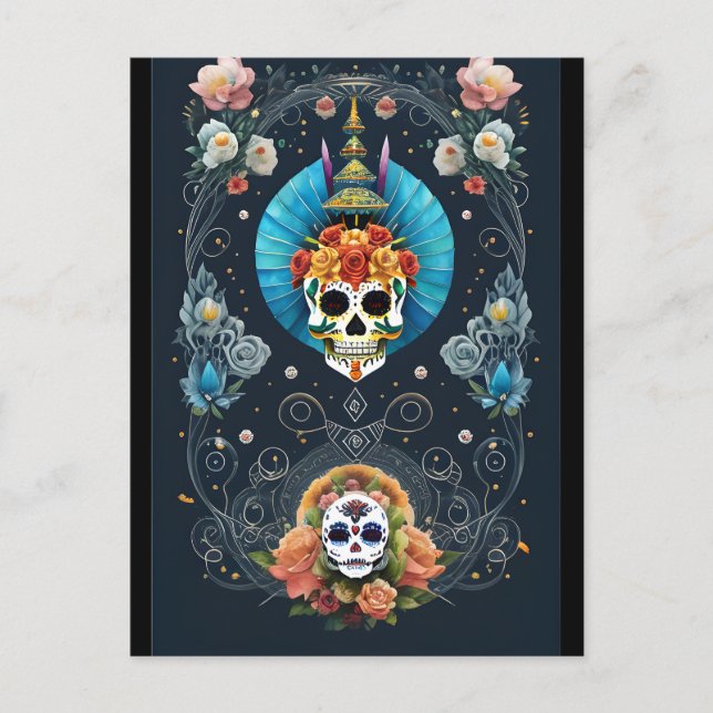 Sugar Skull Art -  Vibrant Dia de los Muertos Postcard (Front)