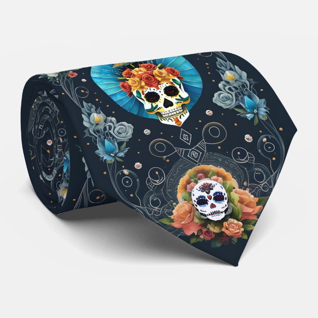 Sugar Skull Art -  Vibrant Dia de los Muertos Tie (Rolled)