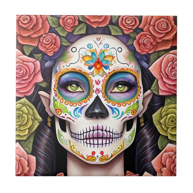 Sugar Skull Art - Woman in Dazzling Makeup Tile (Front)