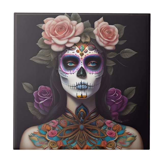 Sugar Skull Art - Woman in Striking Makeup Tile (Front)