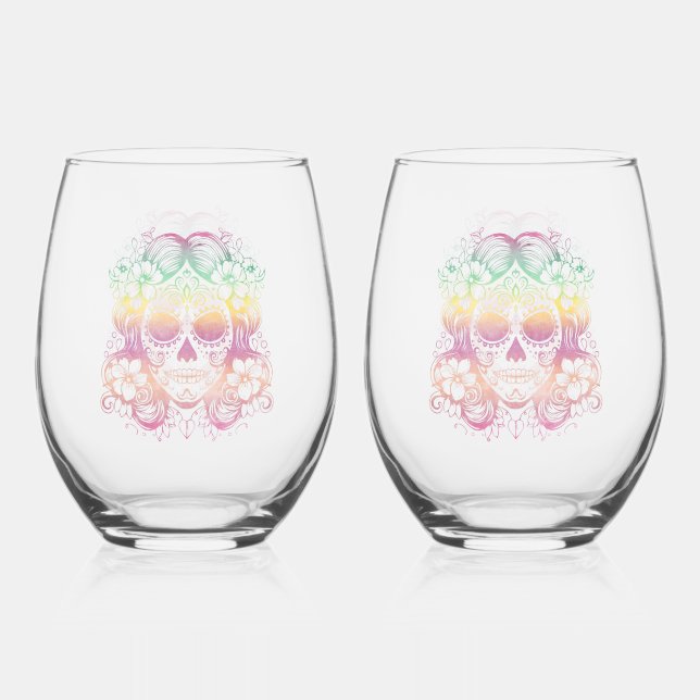 Sugar Skull Beautiful La Catrina Day of the Dead Stemless Wine Glass (Front)