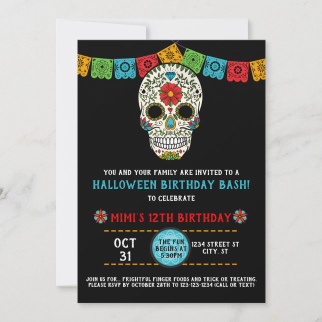 Sugar Skull Birthday, Day of the Dead, black Invitation (Front)