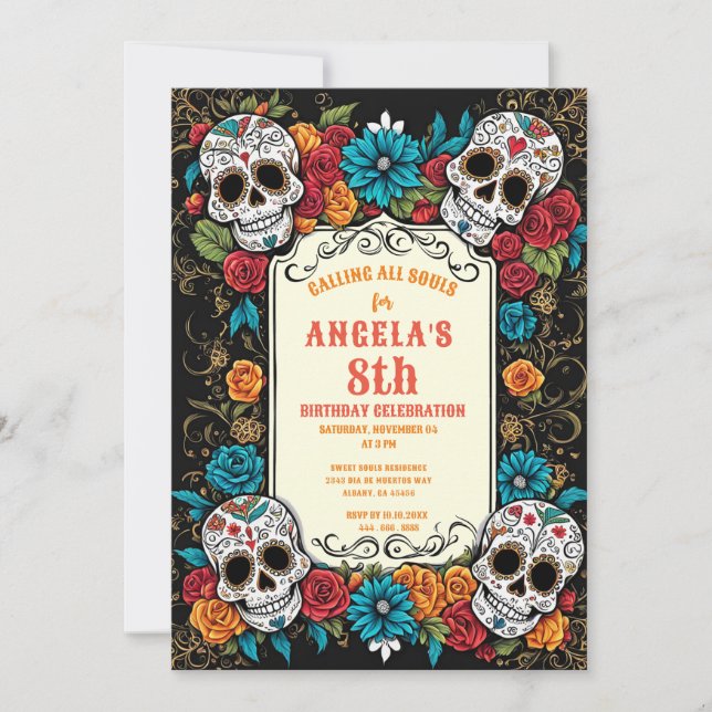 Sugar Skull Birthday Invites - Día de Muertos (Front)