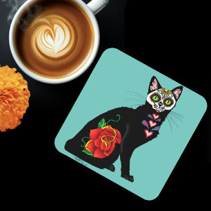 Sugar Skull Black Cat Coaster