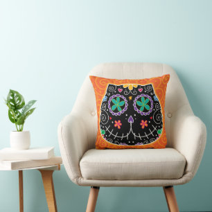 Sugar Skull Black Cat DAy of the Dead Cushion