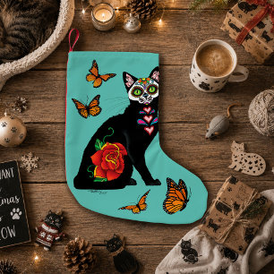 Sugar Skull Black Cat Rose Teal Heart Small Christmas Stocking