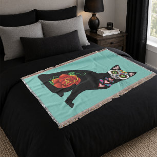 Sugar Skull Black Cat Rose Teal Heart Throw Blanket