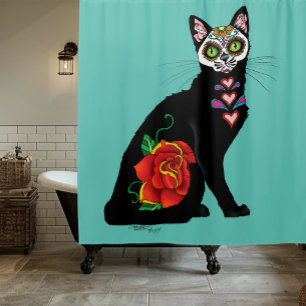 Sugar Skull Black Cat Shower Curtain