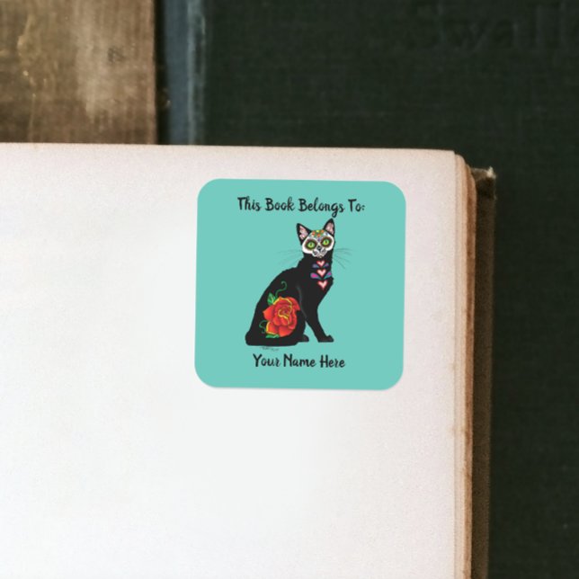 Sugar Skull Black Cat Square Sticker (Creator Uploaded)
