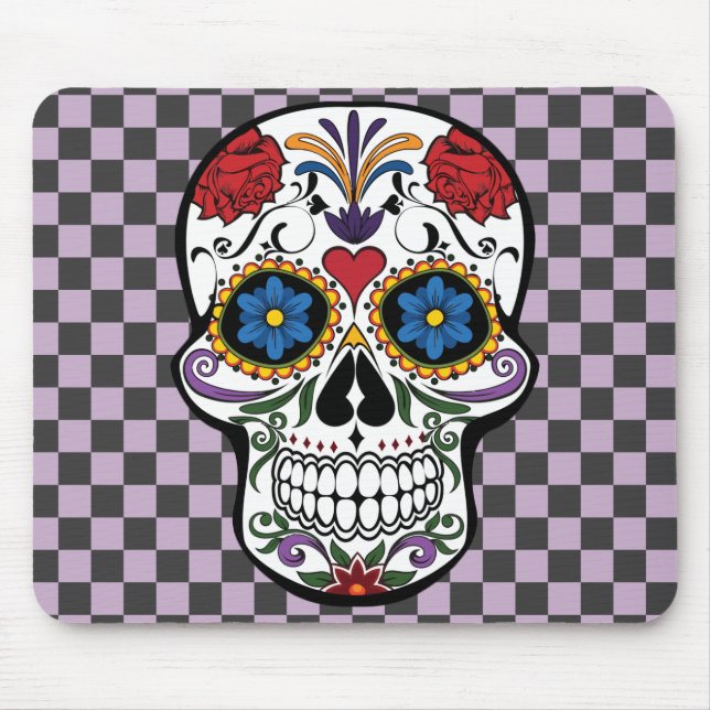 Sugar Skull Black & Purple Chequered-Day of The De Mouse Mat (Front)