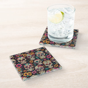 Sugar Skull Blossoms Glass Coaster
