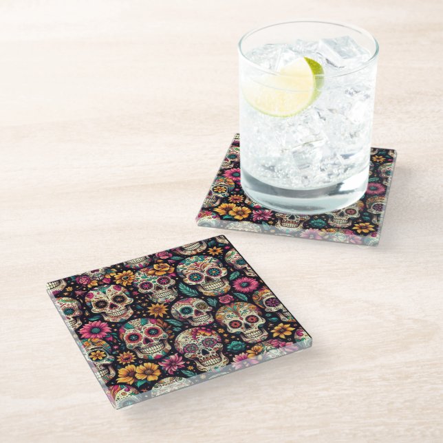 Sugar Skull Blossoms  Glass Coaster (Angled)