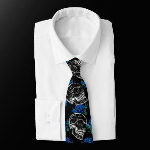 Sugar Skull Blue Rose   Cool Royal Sapphire Grunge Tie