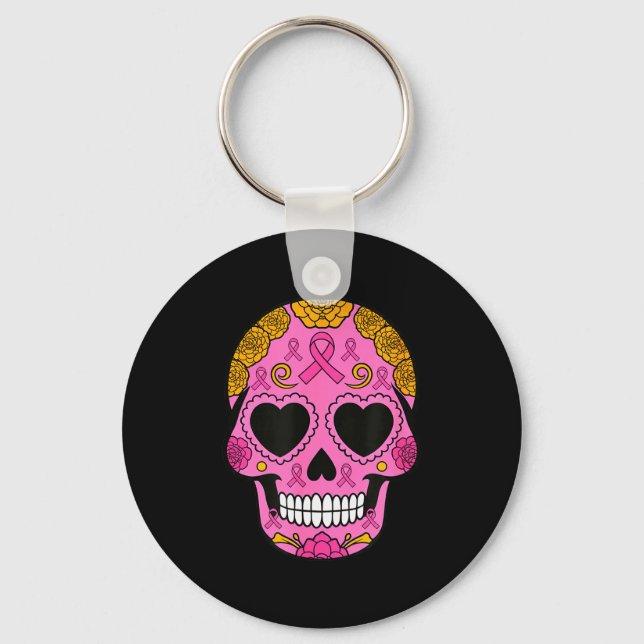 Sugar Skull Breast Cancer Awareness Nk Ribbon Cala Key Ring (Front)