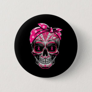 Sugar Skull Breast Cancer Awareness Pink Ribbon Ca 6 Cm Round Badge