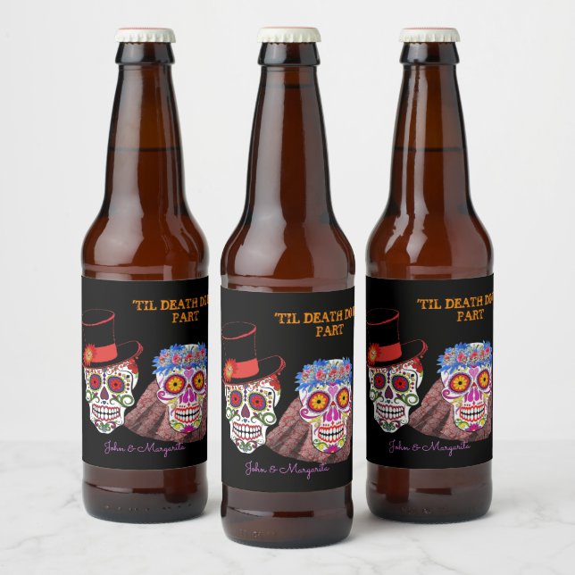 Sugar Skull Bride & Groom Till Death Do Us Party Beer Bottle Label (Bottles)