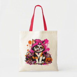 Sugar Skull Calico Cat Halloween Tote Bag