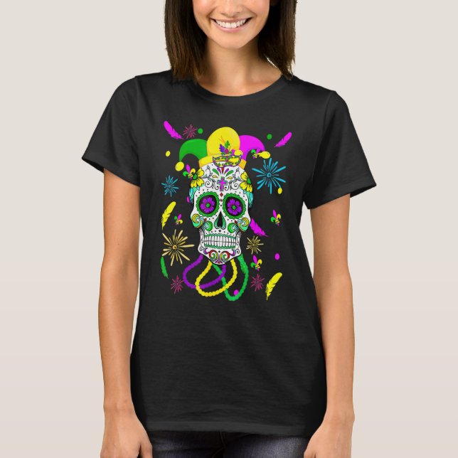 Sugar Skull Carnival Mask Jester Hat Mardi Gras Gi T-Shirt (Front)