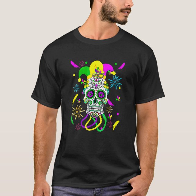 Sugar Skull Carnival Mask Jester Hat Mardi Gras S T-Shirt (Front)