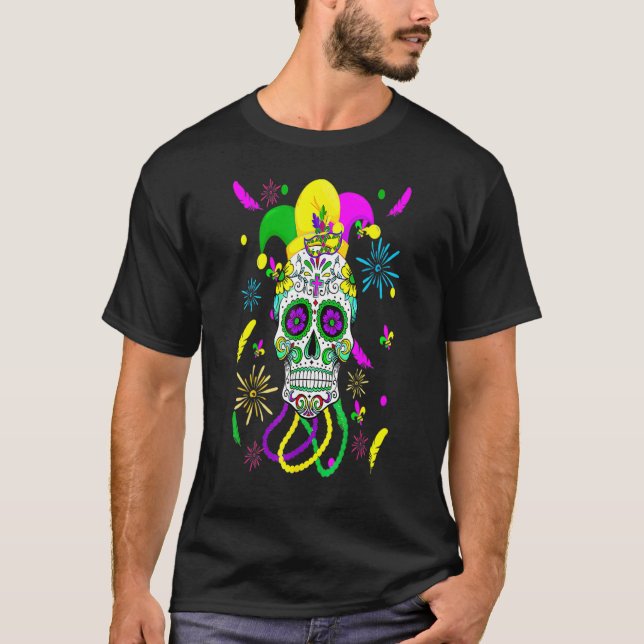 Sugar Skull Carnival Mask Jester Hat Mardi Gras T-Shirt (Front)