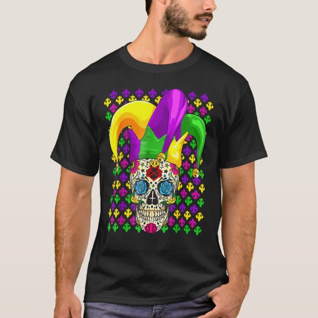 Sugar Skull Carnival Mask Jester Hat Mardi Gras T-Shirt (Front)