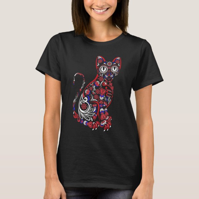 Sugar Skull Cat 4th Of July Kitten Kitty Patriotic T-Shirt (Front)