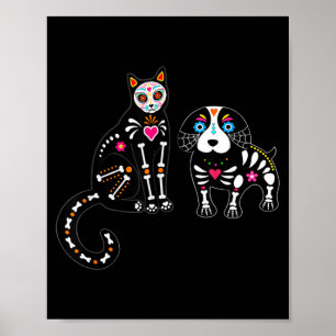 Sugar Skull Cat And Dog Funny Halloween Poster