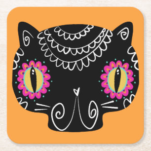 Sugar Skull Cat Catrina Day of the Dead Square Paper Coaster
