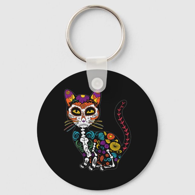 Sugar Skull Cat Celebration For Cat Lovers  Key Ring (Front)
