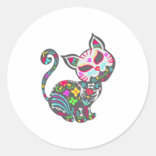 Sugar Skull Cat  Cute Dia De Los Muertos Fun Classic Round Sticker