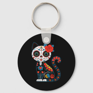 Sugar skull cat day of dead dia de los muertos key ring