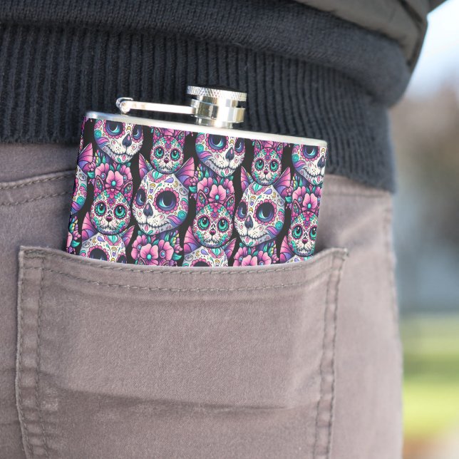 Sugar Skull Cat Pattern Hip Flask (In Situ)