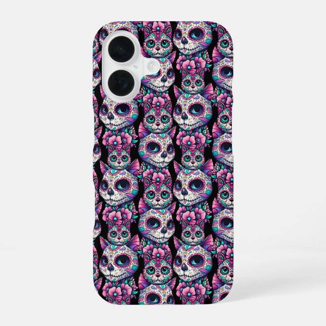 Sugar Skull Cat Pattern iPhone 16 Case (Back)